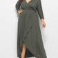 Seindeal Solid Slit  V-neck Long Sleeve High-low Plus Size Midi Dress