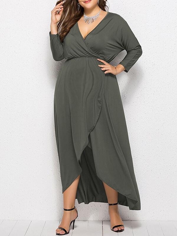 Seindeal Solid Slit  V-neck Long Sleeve High-low Plus Size Midi Dress