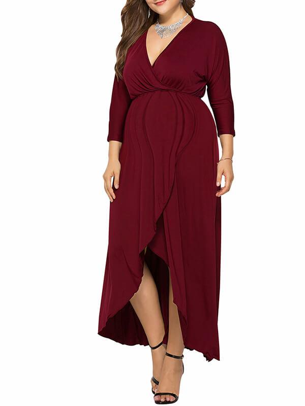 Seindeal Solid Slit  V-neck Long Sleeve High-low Plus Size Midi Dress