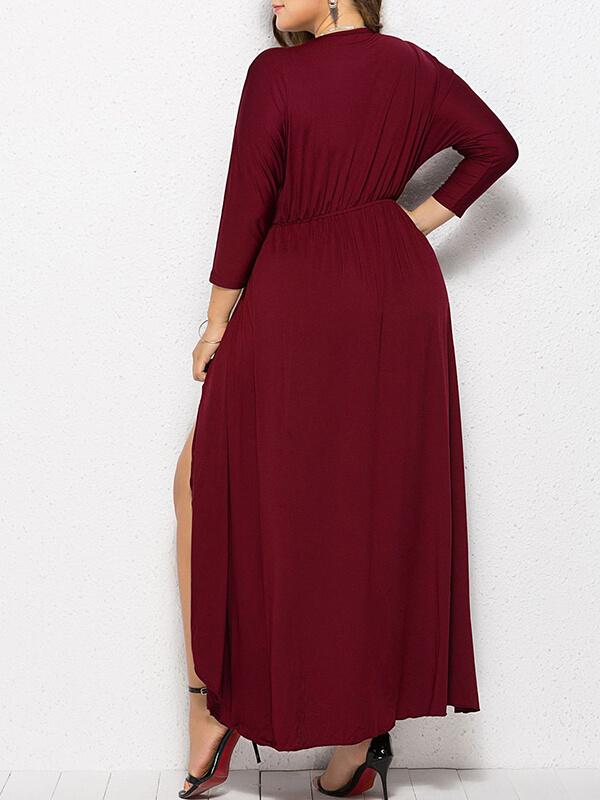 Seindeal Solid Slit  V-neck Long Sleeve High-low Plus Size Midi Dress