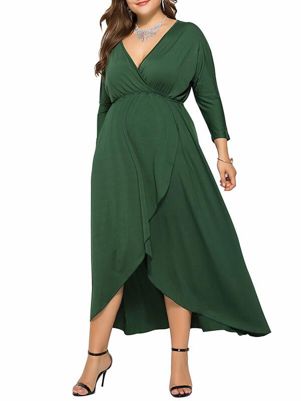 Seindeal Solid Slit  V-neck Long Sleeve High-low Plus Size Midi Dress