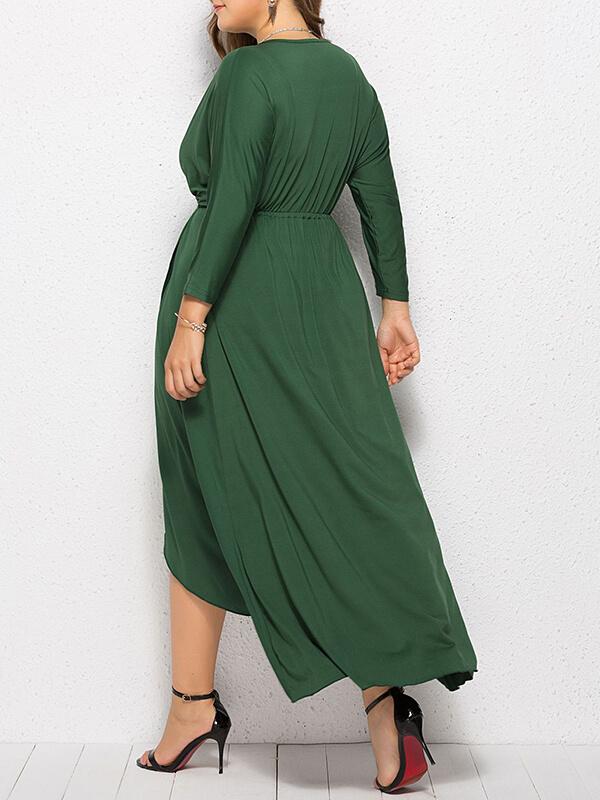 Seindeal Solid Slit  V-neck Long Sleeve High-low Plus Size Midi Dress