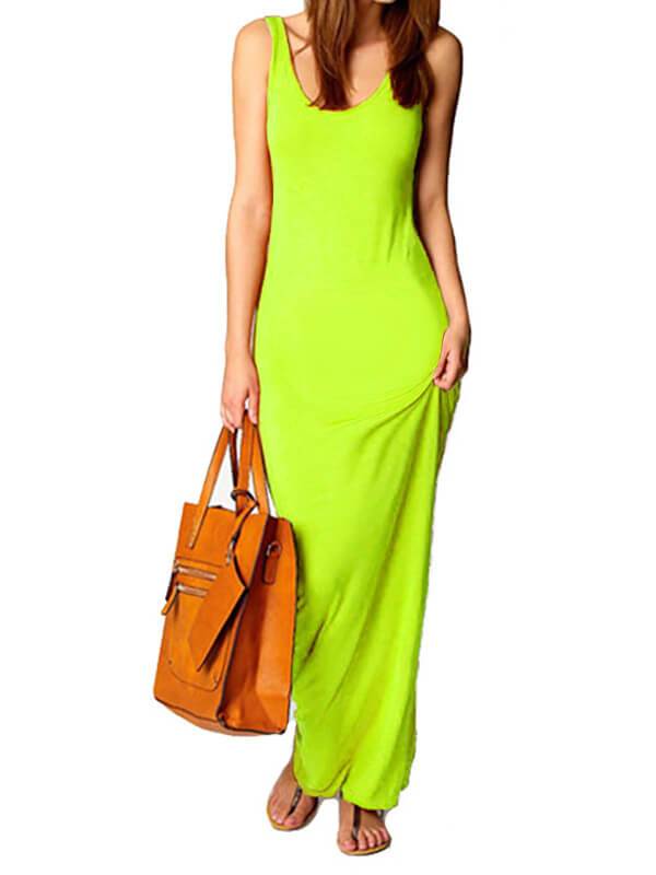 Seindeal Solid Fitted Round Neck Floor Length Sleeveless Maxi Dress