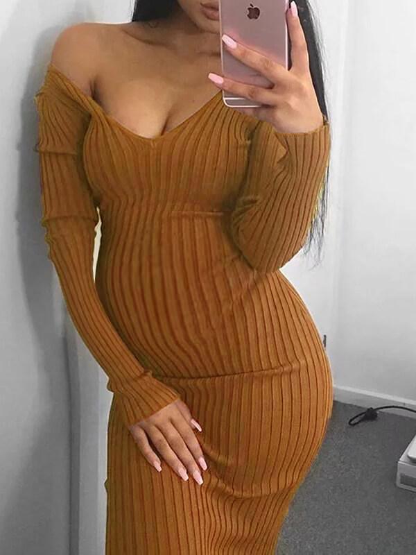 Solid Fitted Basic V-Neck Soft Sweater Maternity Midi Dress