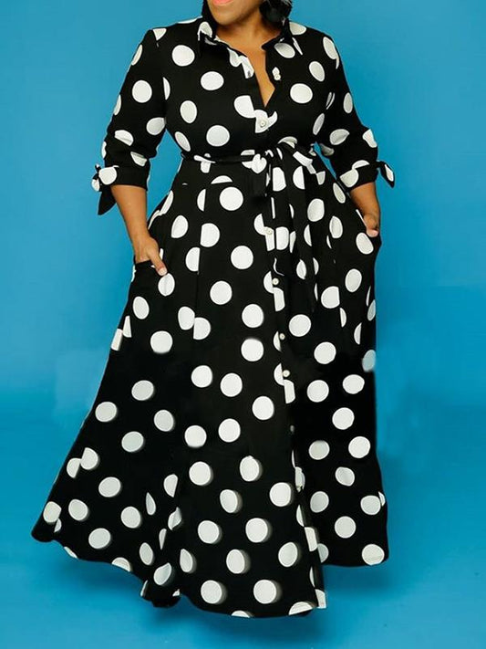 Seindeal Polka Dot Bow Belt Plus Size Turndown Collar Long Sleeve Maxi Dress