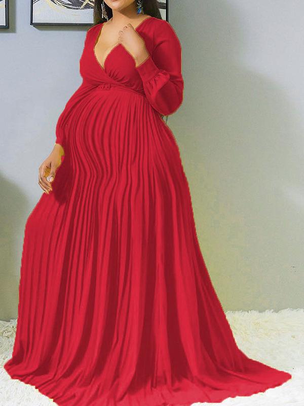 Seindeal Solid Pleated V- Neck Plus Size Long Sleeve Maternity Casual Maxi Dress