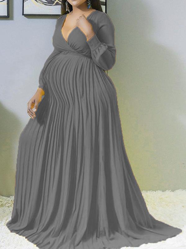 Seindeal Solid Pleated V- Neck Plus Size Long Sleeve Maternity Casual Maxi Dress