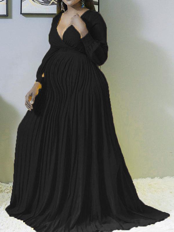 Seindeal Solid Pleated V- Neck Plus Size Long Sleeve Maternity Casual Maxi Dress