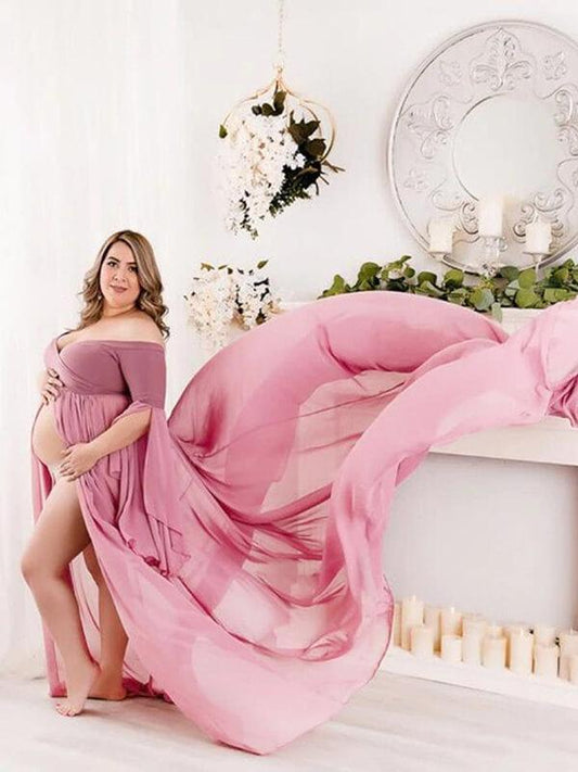 Seindeal Slit Grenadine Flowy Sleeve Photoshoot Maternity Maxi Dress