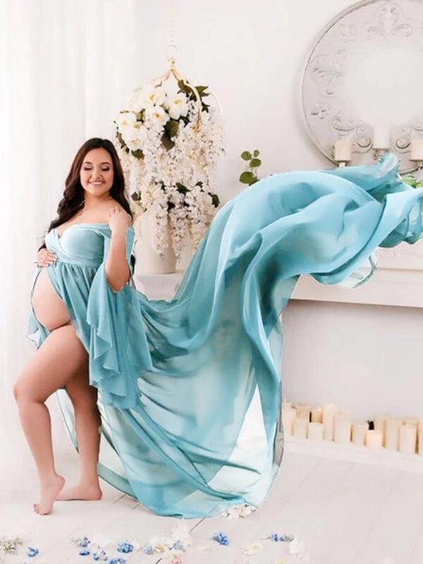 Seindeal Slit Grenadine Flowy Sleeve Photoshoot Maternity Maxi Dress