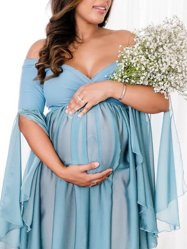 Seindeal Slit Grenadine Flowy Sleeve Photoshoot Maternity Maxi Dress