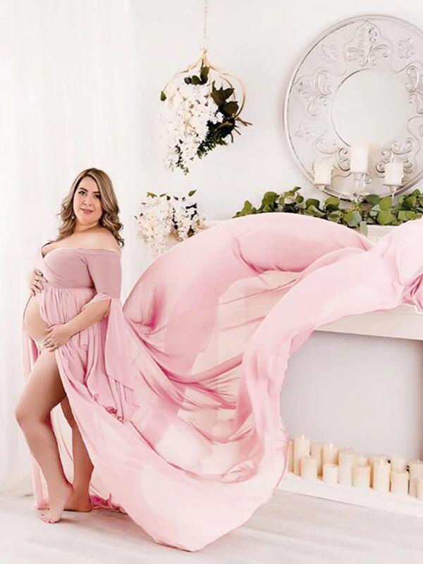 Seindeal Slit Grenadine Flowy Sleeve Photoshoot Maternity Maxi Dress