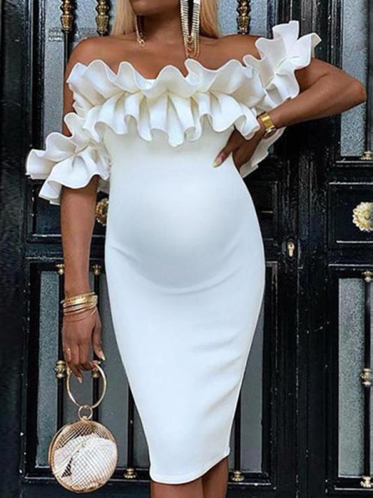 Seindeal Ruffle Off Shoulder Short Sleeve Party Midi Maternity Bodycon Dress