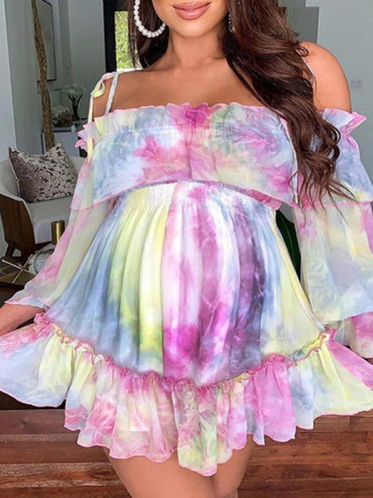 Seindeal Tie Dye Cascading Ruffle Boat Neck Long Sleeve Mini Maternity Dress for Girls Baby Shower