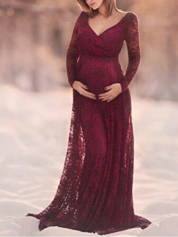 Seindeal Lace V-neck Long Sleeve Photoshoot Maternity Maxi Dress