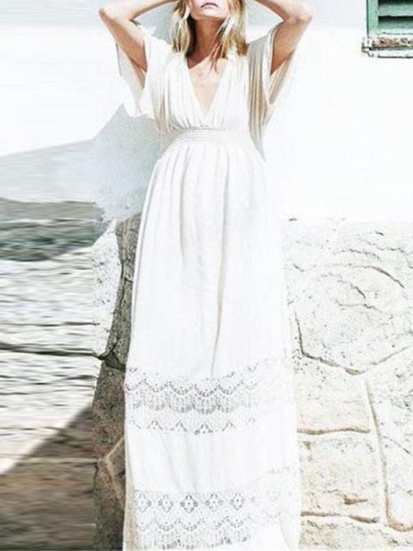 Seindeal Bohemian Backless Draped Lace V-neck Maternity Maxi Dress