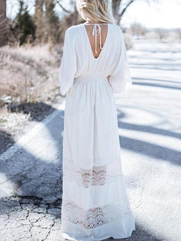 Seindeal Bohemian Backless Draped Lace V-neck Maternity Maxi Dress