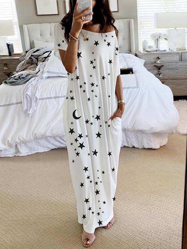 Seindeal Star Print Collarless Round Neck Short Sleeve Maternity Maxi Dress