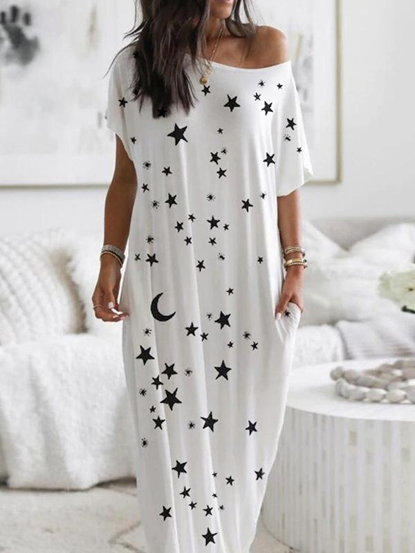 Seindeal Star Print Collarless Round Neck Short Sleeve Maternity Maxi Dress