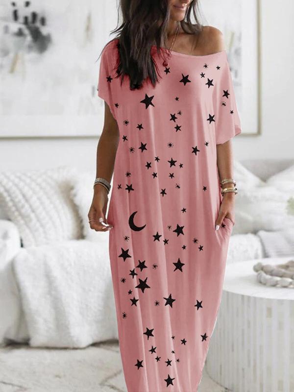 Seindeal Star Print Collarless Round Neck Short Sleeve Maternity Maxi Dress