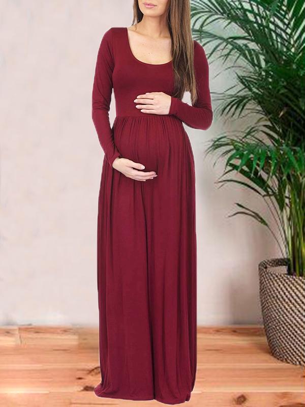 Seindeal Pleated Round Neck Long Sleeve Fall Maternity Dress for Wedding Guest