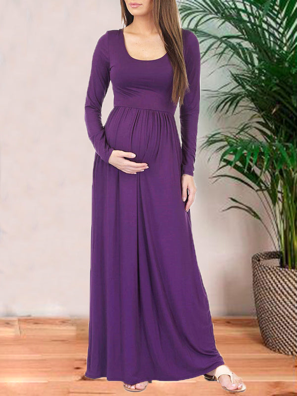 Seindeal Pleated Round Neck Long Sleeve Fall Maternity Dress for Wedding Guest