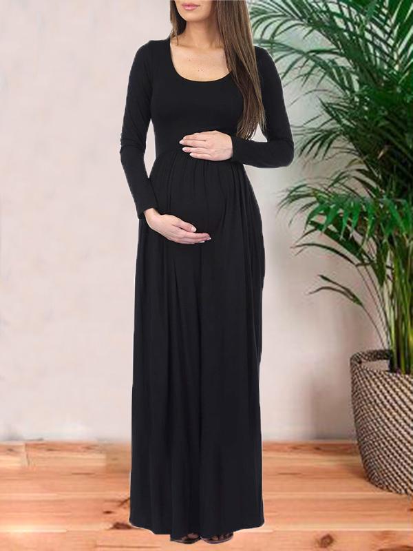 Seindeal Pleated Round Neck Long Sleeve Fall Maternity Dress for Wedding Guest