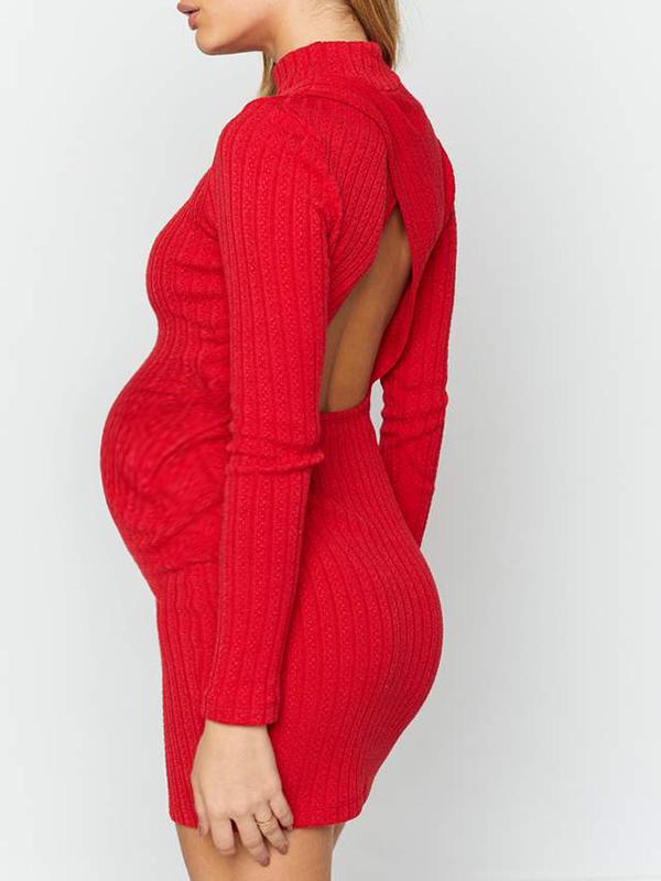 Solid Color Bodycon Backless Long Sleeve Banquet Party Knit Maternity Dress