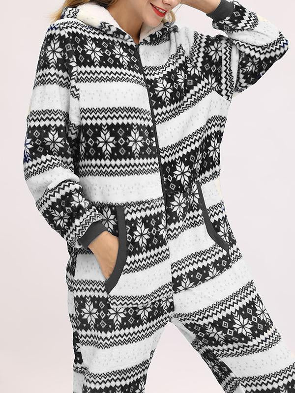 Christmas Flannel Snowflake Print Hooded Pajama Maternity Jumpsuit