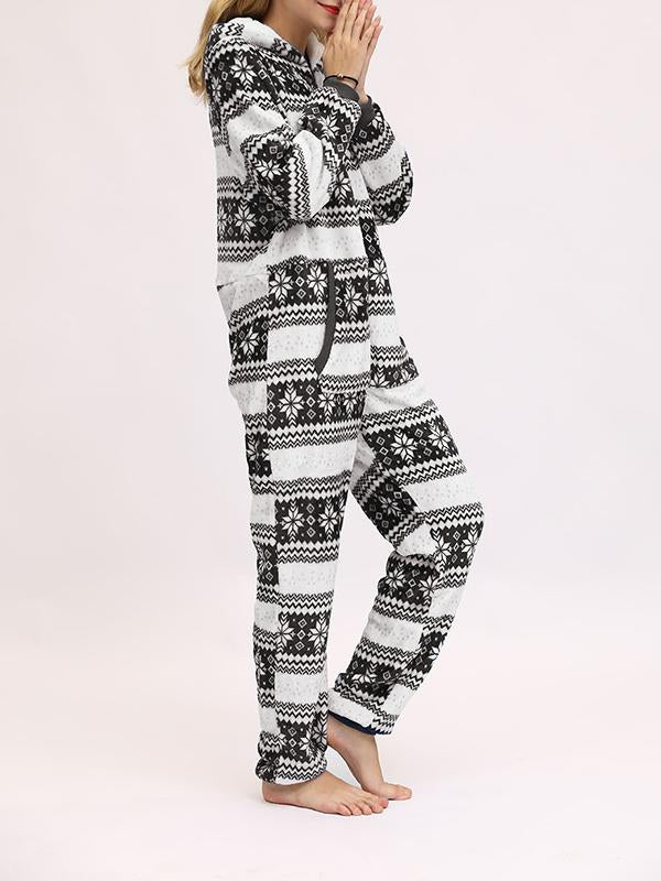 Christmas Flannel Snowflake Print Hooded Pajama Maternity Jumpsuit