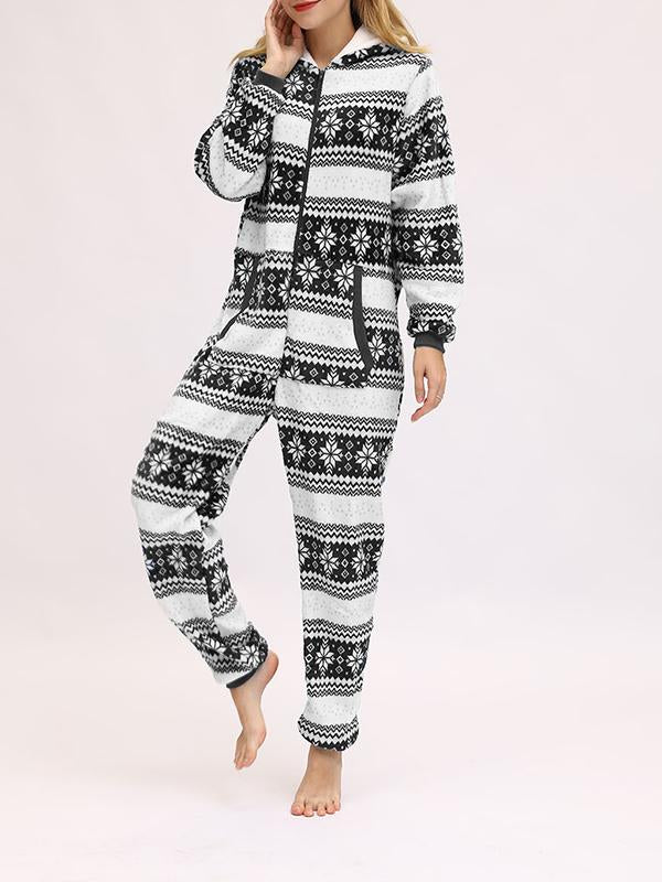 Christmas Flannel Snowflake Print Hooded Pajama Maternity Jumpsuit