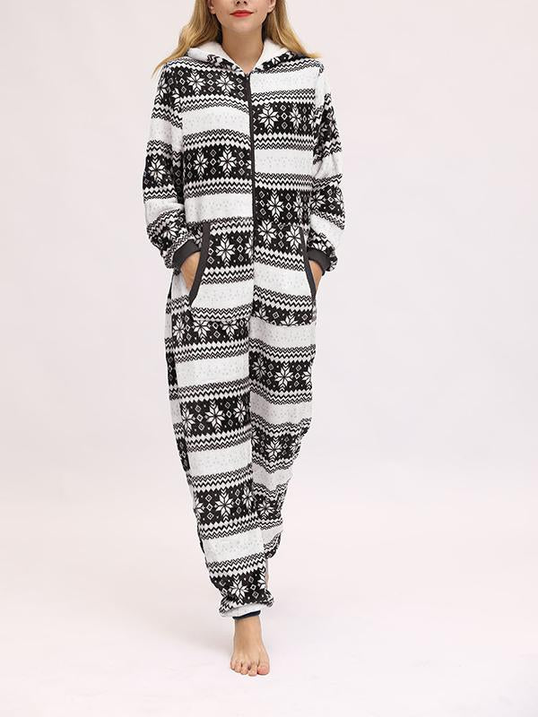 Christmas Flannel Snowflake Print Hooded Pajama Maternity Jumpsuit