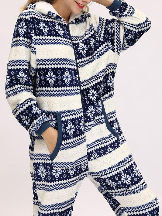 Christmas Flannel Snowflake Print Hooded Pajama Maternity Jumpsuit