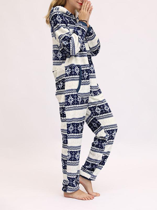 Christmas Flannel Snowflake Print Hooded Pajama Maternity Jumpsuit