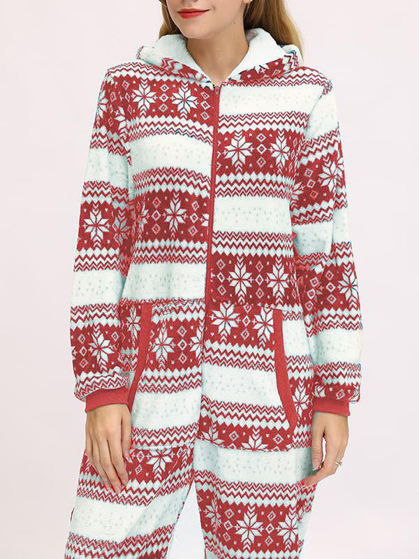 Christmas Flannel Snowflake Print Hooded Pajama Maternity Jumpsuit