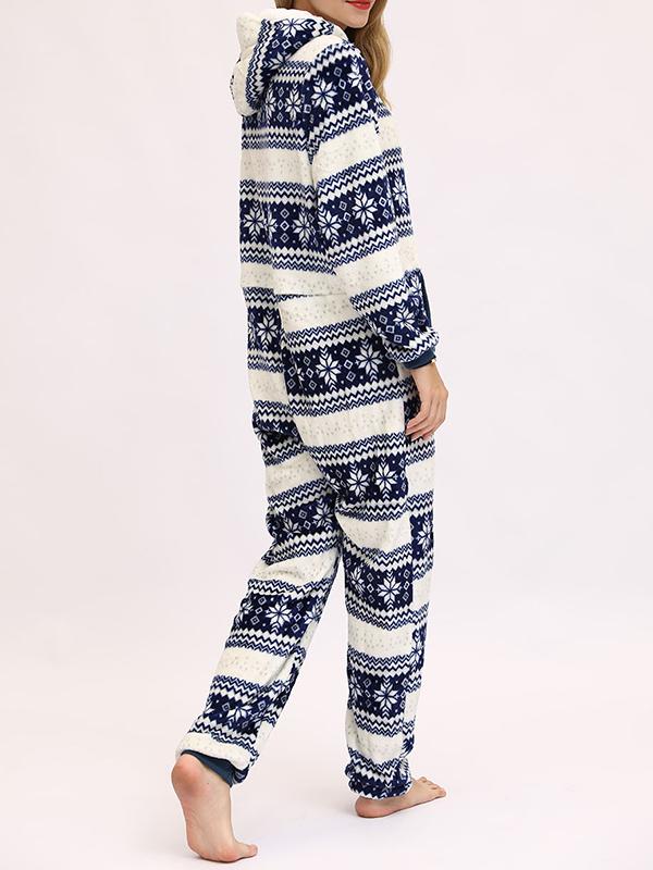 Christmas Flannel Snowflake Print Hooded Pajama Maternity Jumpsuit