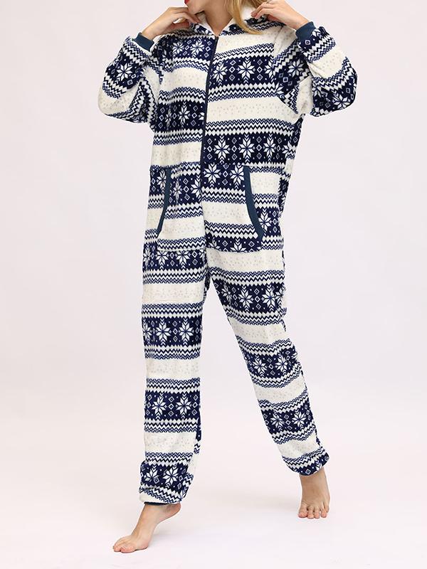 Christmas Flannel Snowflake Print Hooded Pajama Maternity Jumpsuit