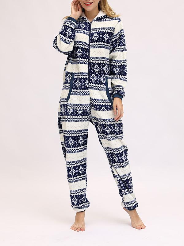 Christmas Flannel Snowflake Print Hooded Pajama Maternity Jumpsuit