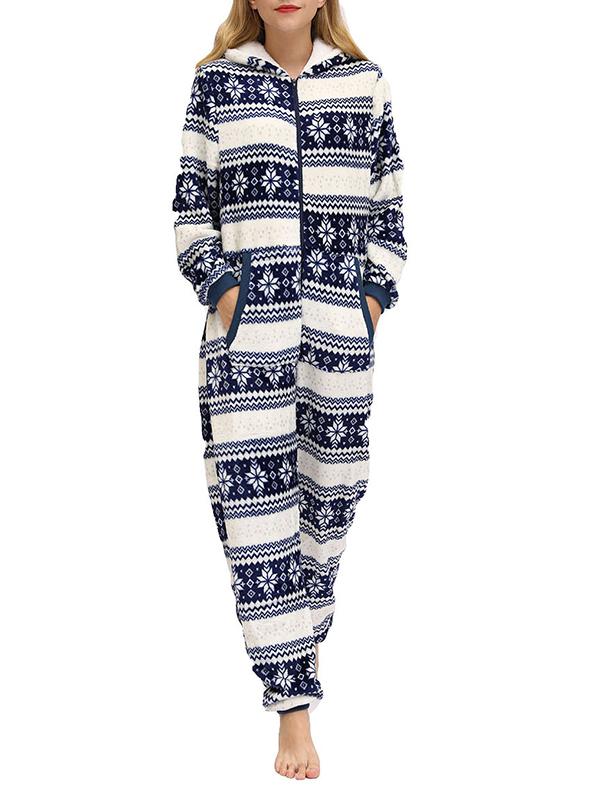 Christmas Flannel Snowflake Print Hooded Pajama Maternity Jumpsuit