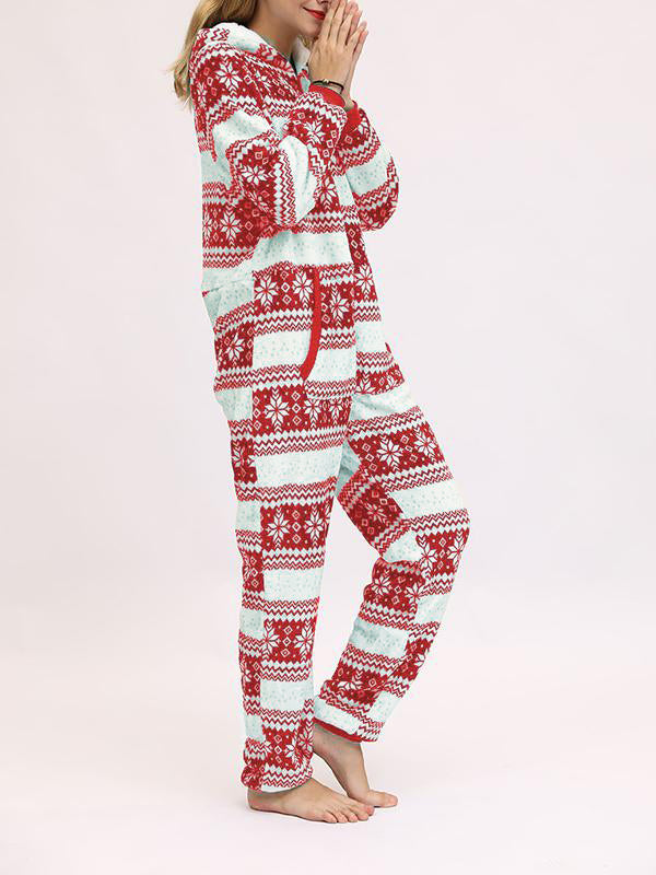 Christmas Flannel Snowflake Print Hooded Pajama Maternity Jumpsuit