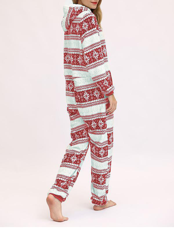 Christmas Flannel Snowflake Print Hooded Pajama Maternity Jumpsuit