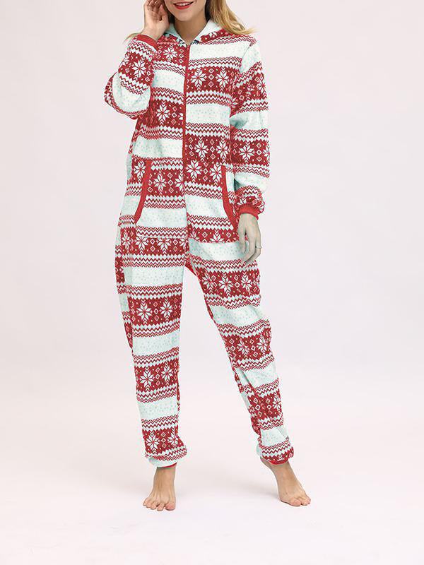 Christmas Flannel Snowflake Print Hooded Pajama Maternity Jumpsuit