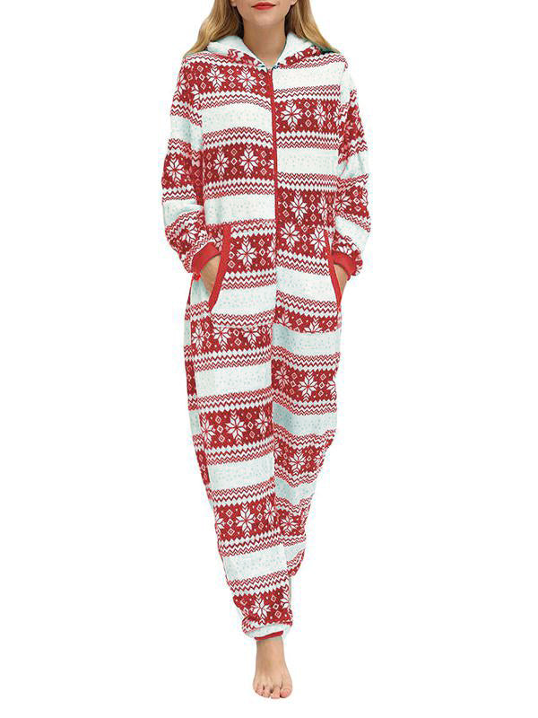 Christmas Flannel Snowflake Print Hooded Pajama Maternity Jumpsuit