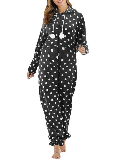 Polka Dot Zipper Hoodie Fur Ball Long Sleeve Pajama Maternity Jumpsuit