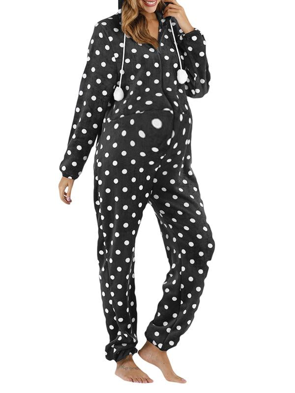 Polka Dot Zipper Hoodie Fur Ball Long Sleeve Pajama Maternity Jumpsuit