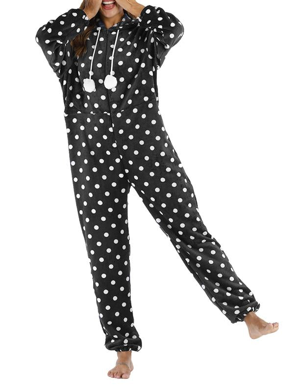 Polka Dot Zipper Hoodie Fur Ball Long Sleeve Pajama Maternity Jumpsuit