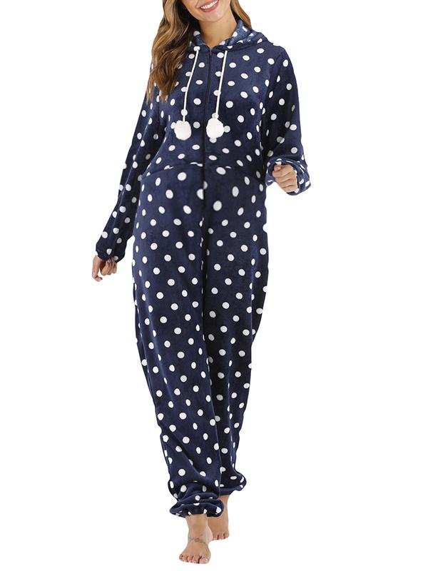 Polka Dot Zipper Hoodie Fur Ball Long Sleeve Pajama Maternity Jumpsuit