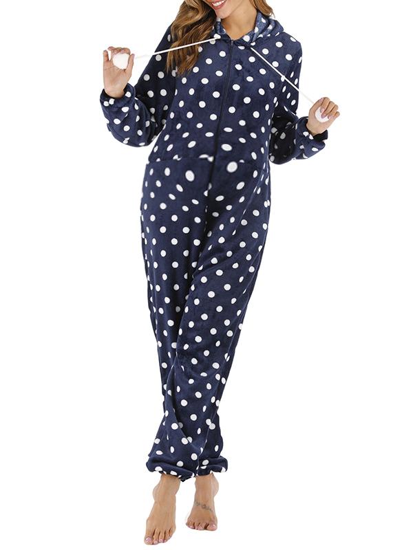 Polka Dot Zipper Hoodie Fur Ball Long Sleeve Pajama Maternity Jumpsuit