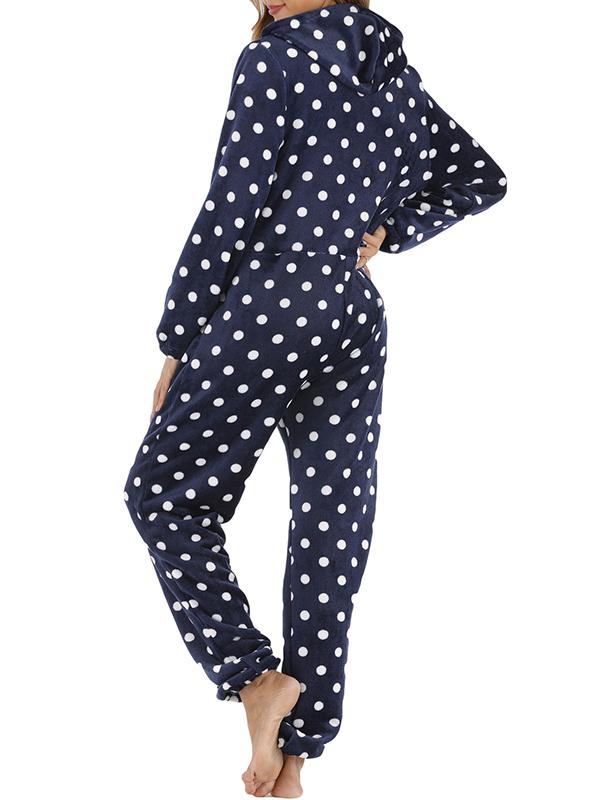 Polka Dot Zipper Hoodie Fur Ball Long Sleeve Pajama Maternity Jumpsuit