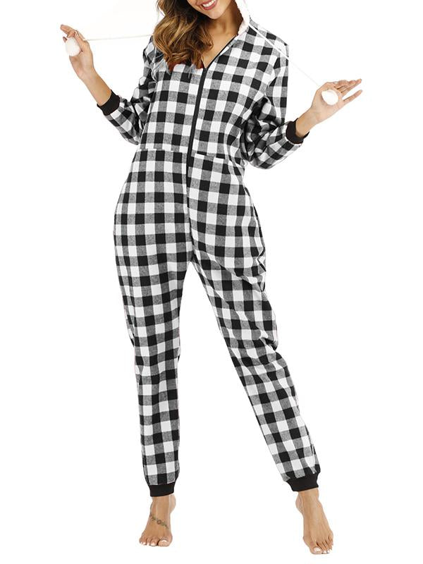 Buffalo Plaid Pockets Zipper Hoodie Long Sleeve Maternity Pajama Set